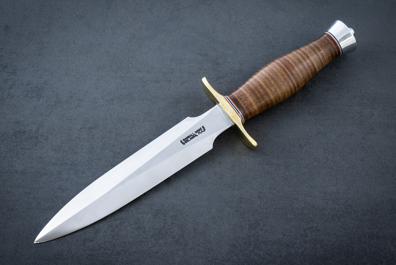 Randall Made Knives Model 2 Fighting Stiletto Fixed Blade knife Carbon Steel Polished Blade w/ Brown Stacked Leather Handle and Leather Sheath