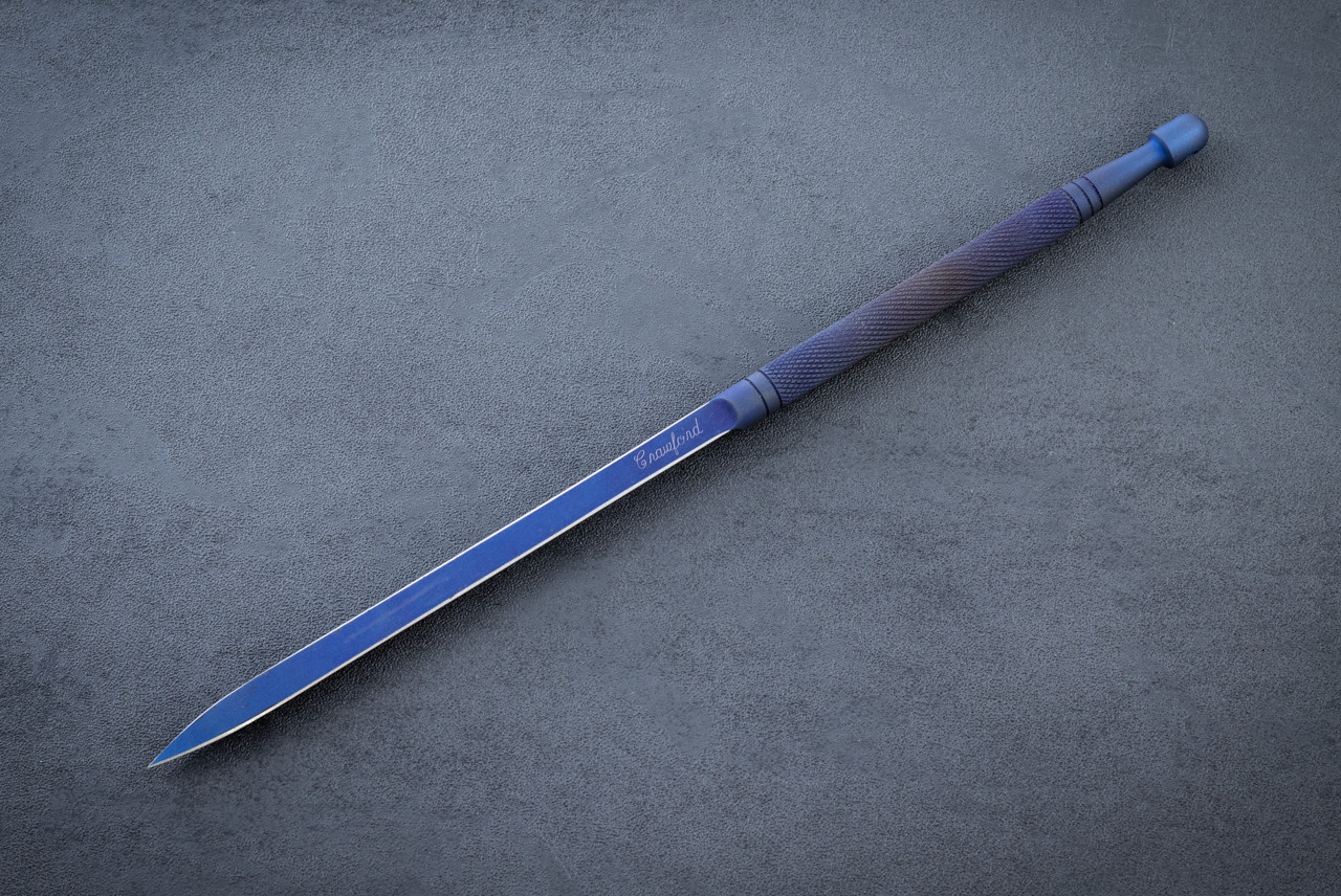 Pat Crawford Titanium Devil Dart Fixed Blade Knife Blue Dagger w/ Knurled Handle and Sheath