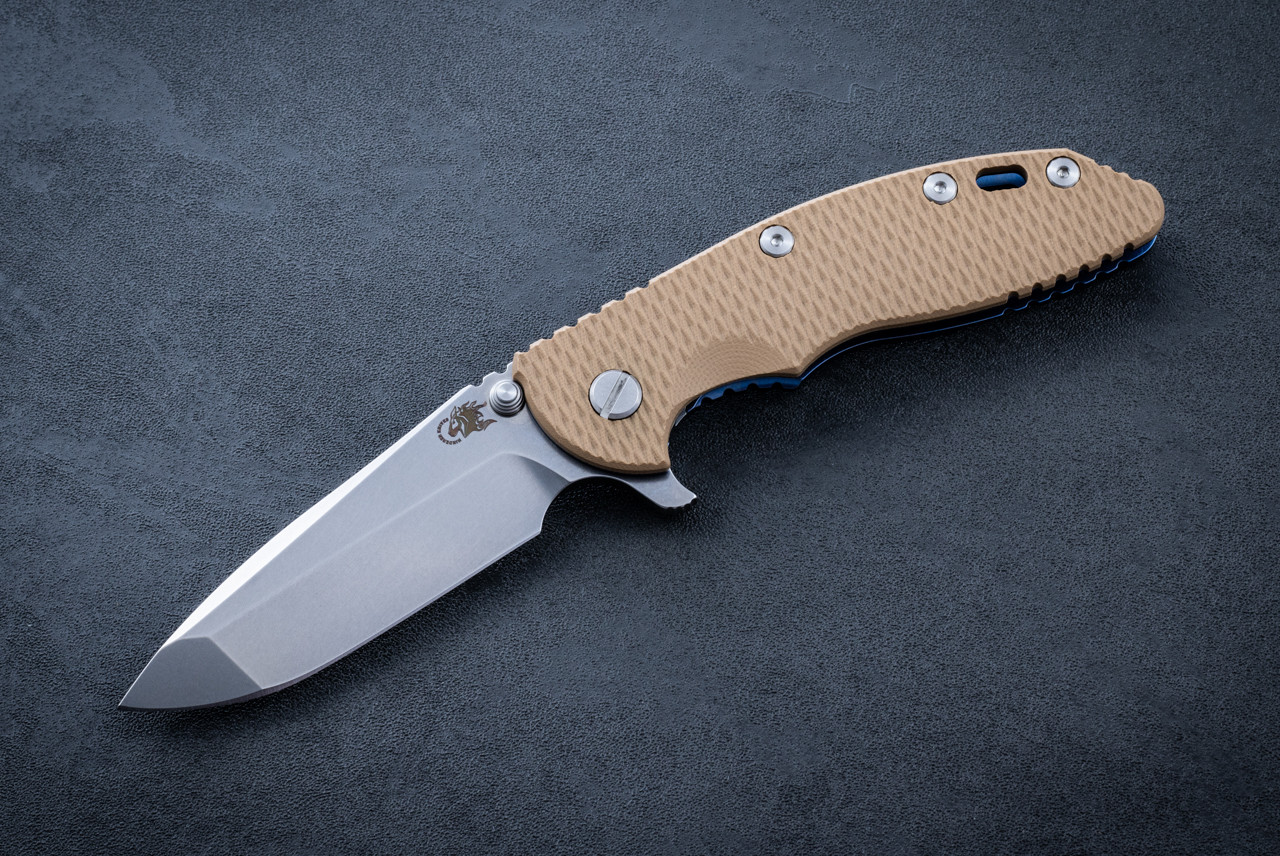 Rick Hinderer Knives XM-18 3.5" Spanto 20CV Stonewash Blade w/ Blue Frame Lock and Coyote G10 Handle