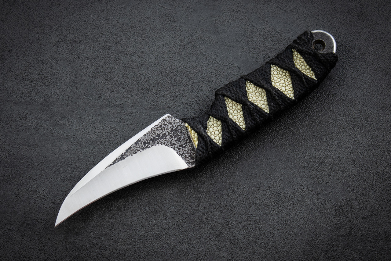 Watson Knives CT-P Pikal Fixed Blade Knife Satin Blade w/ Black Cord / Off White Stingray Handle and Sheath