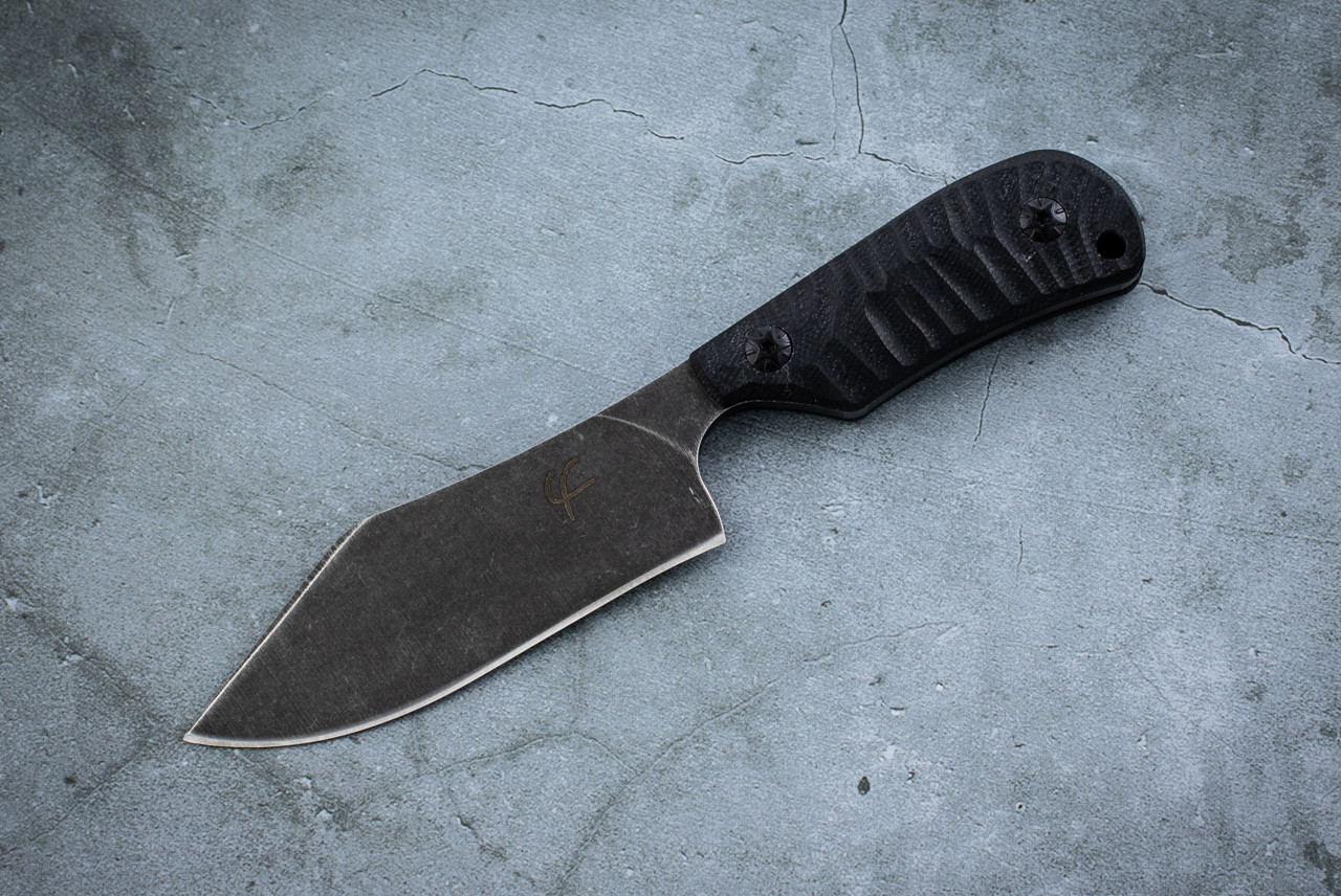 Fred Perrin Le Baby Bowie Fixed Blade Knife Black Stonewash Blade w/ Black G-10 Handle and Sheath - FP1903
