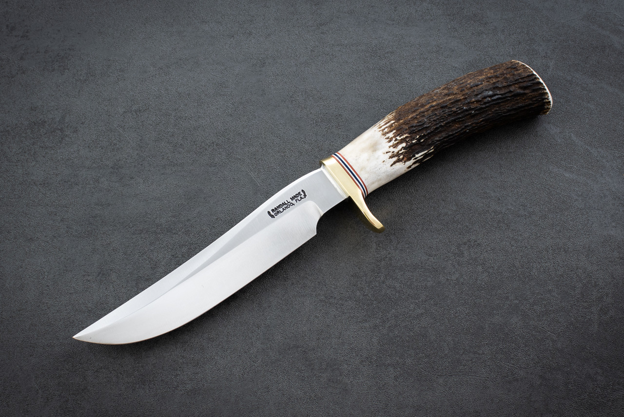 Randall Made Knives Model 3-6" Hunter Fixed Blade knife Carbon Steel Polished Blade w/ Stag Horn Handle and Leather Sheath