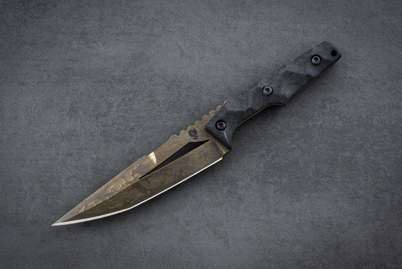 Ben Bawidamann Blades Custom Nameless Skeletonized Dagger Acid Etched Bronze Patina Blade w/ Sheath and Discreet Carry Concepts Clip