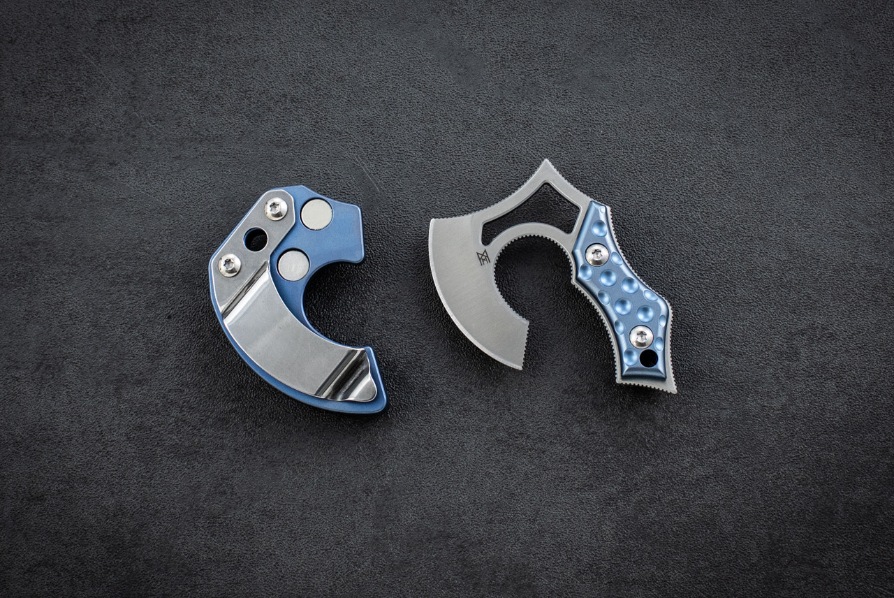 Midgards Messer Nori Nano V2 Mini Axe Stonewashed Blade w/ Blue Titanium Handles and Sheath