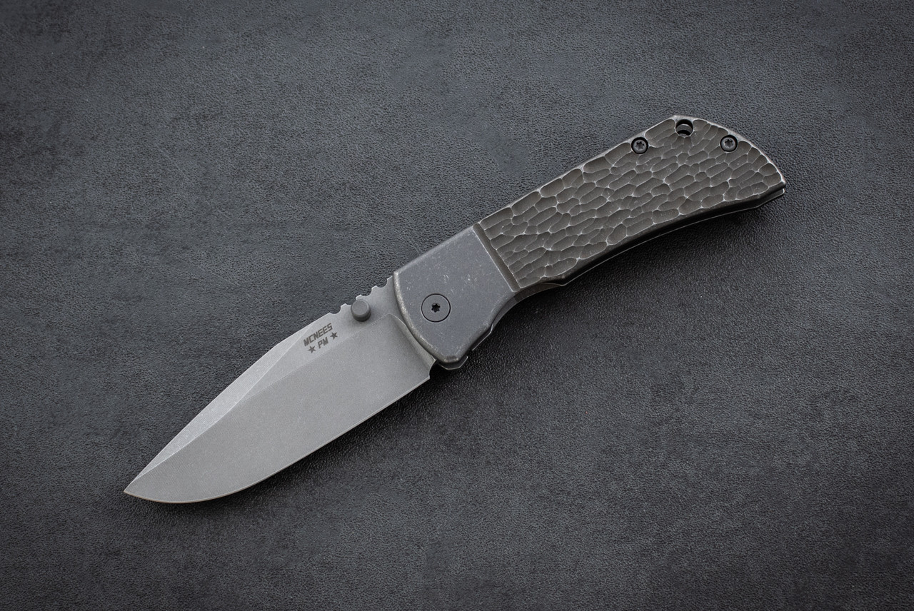 McNees Custom Knives PM MAC 2 3.5" Gen 2 Magnacut Atomic Stonewash Spear Point Blade w/ Atomic Stonewash Bronze Bolstered Jigged Titanium Handles