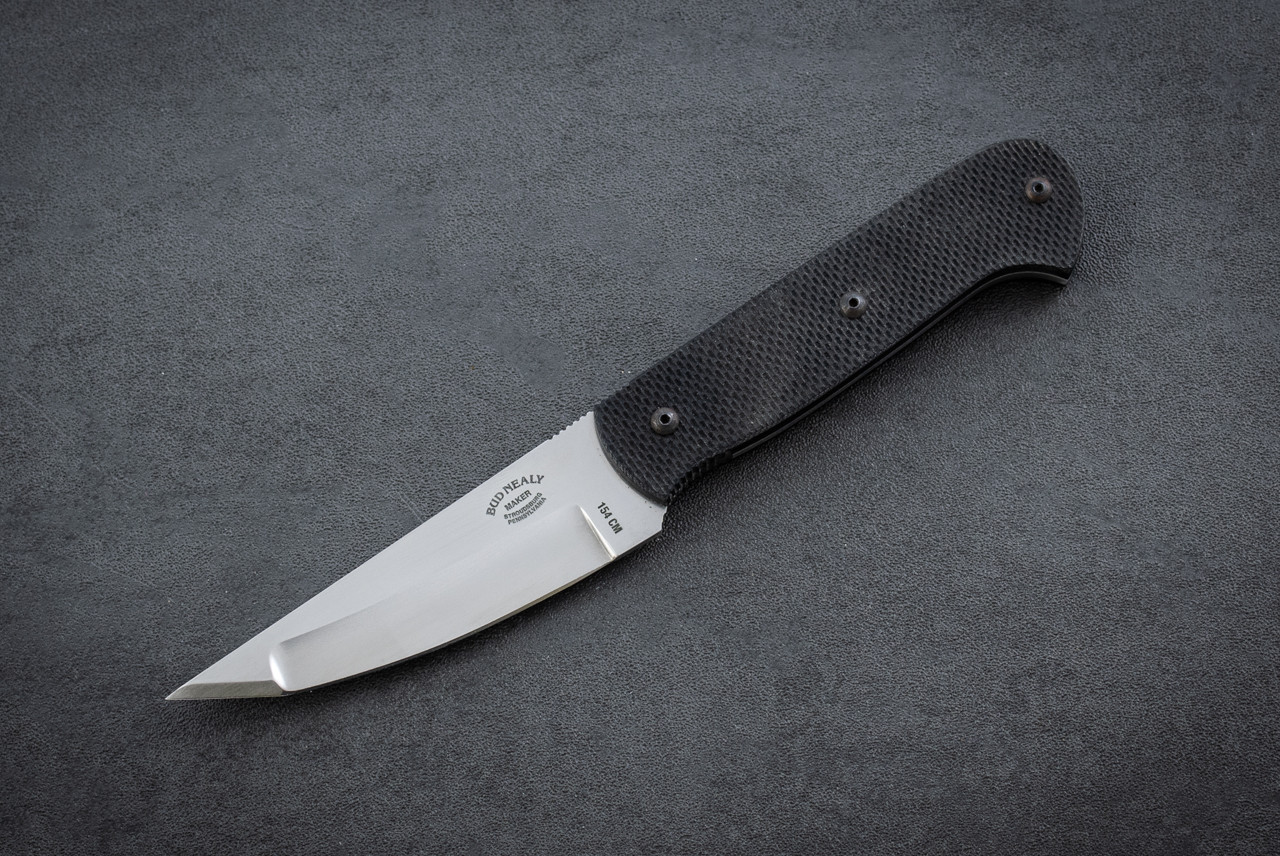 Bud Nealy Custom Pesh-Kabz Fixed Blade Knife Compound Grind Satin Blade w/ Black G-10 Handles and Sheath w/ Attachments 