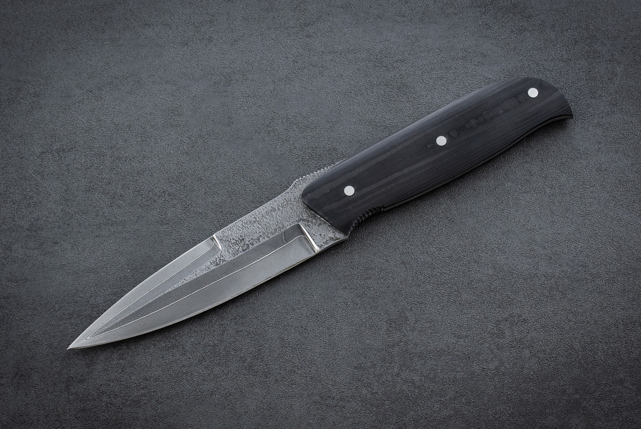 Bud Nealy Custom Cave Bear Fixed Blade Dagger Knife Damascus Blade w/ Black G-10 Handles and Sheath w/ Attachments 
