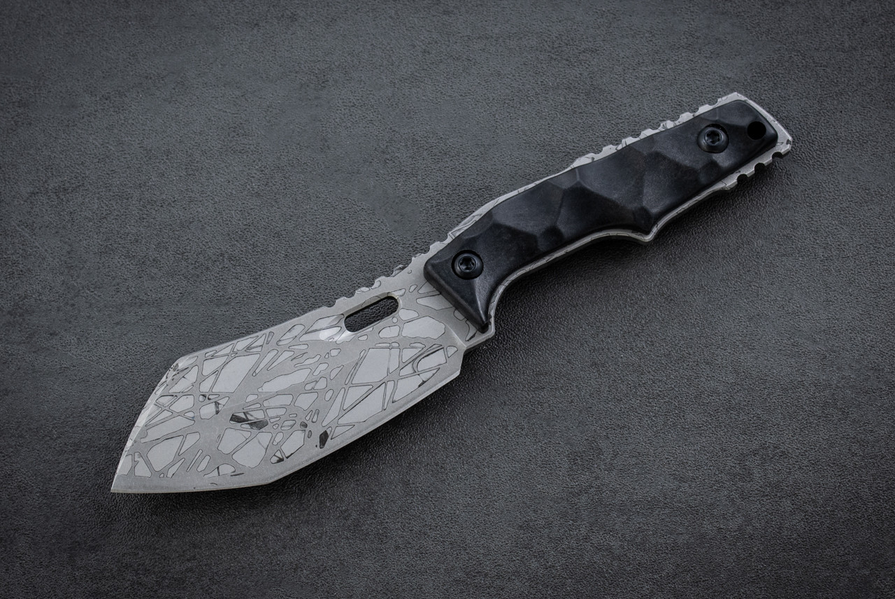 Ben Bawidamann Blades / Peter Rassenti Collab Custom Mukabout Acid Etched Shadow Strand Blade w/ Sheath and Metal Clip