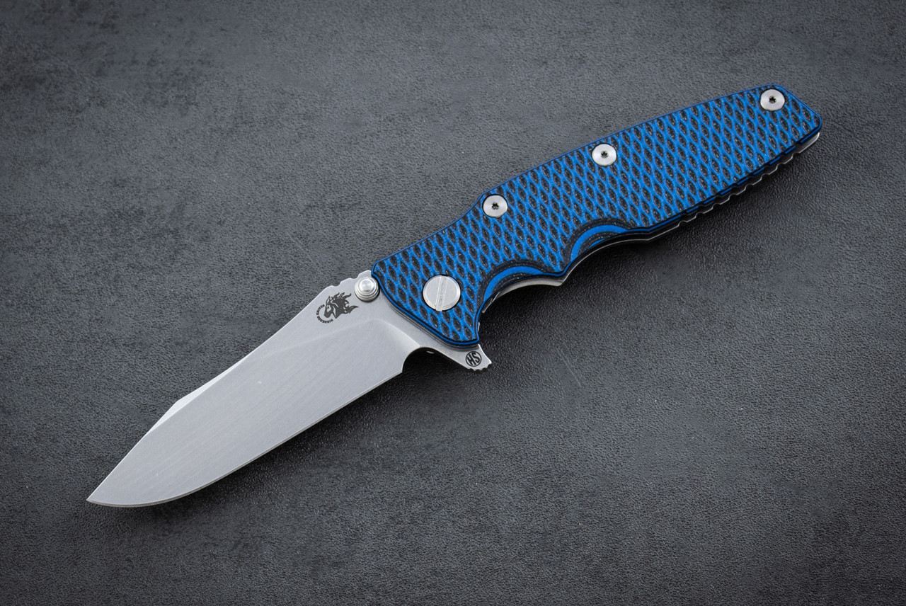 Rick Hinderer Knives Eklipse 3.5" Skinny Slicer Hollow Ground MagnaCut Stonewash Blade and Frame Lock w/ Blue /  Black G10 Handle