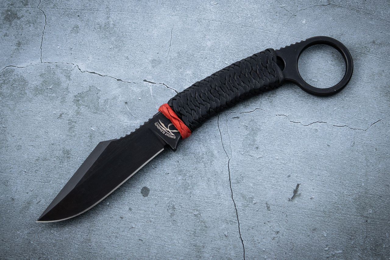 Knight Elements The Element Black Blade w/ Black Ish Leather Braided Handle Wrap Red Accent and Sheath