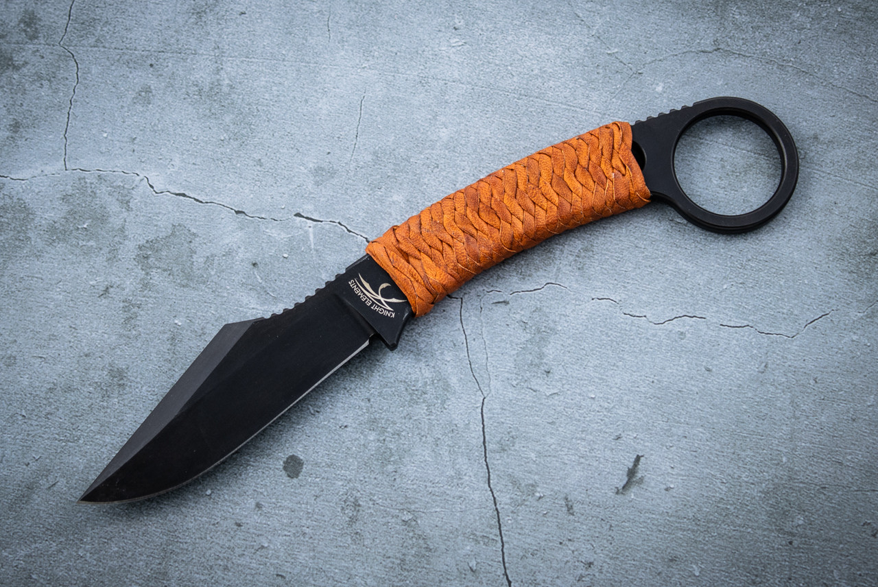 Knight Elements The Element Black Blade w/ Tan Ish Leather Braided Handle Wrap and Sheath