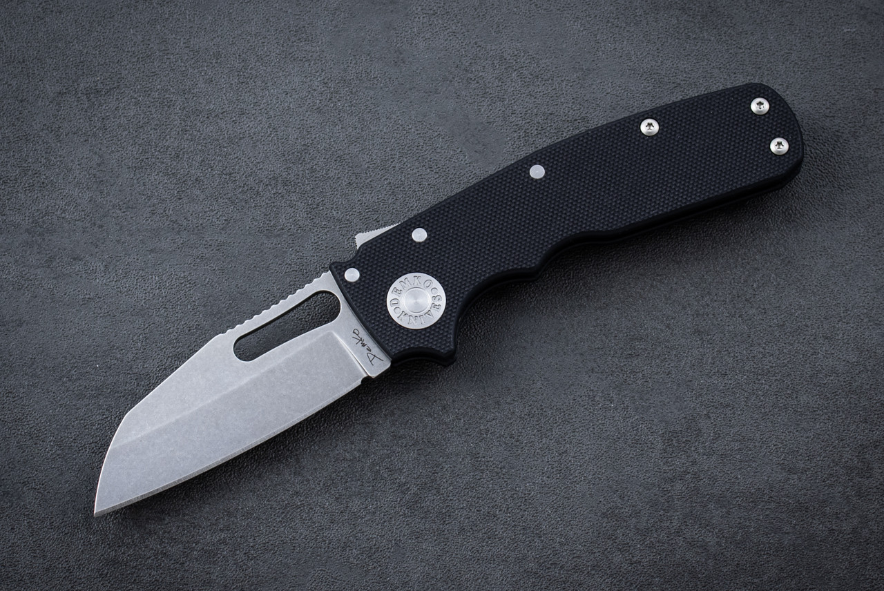 Demko Knives Shark-Club Folding Knife Shark Lock 20CV Shark Foot Stonewashed Blade w/ Peel Ply Black G-10 Handles