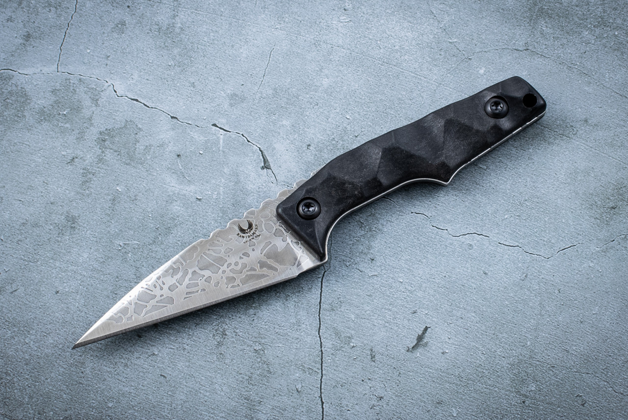 Ben Bawidamann Blades Muninn Wharncliffe Acid Etched Quicksilver Patina Silazane Coated Blade and Sheath