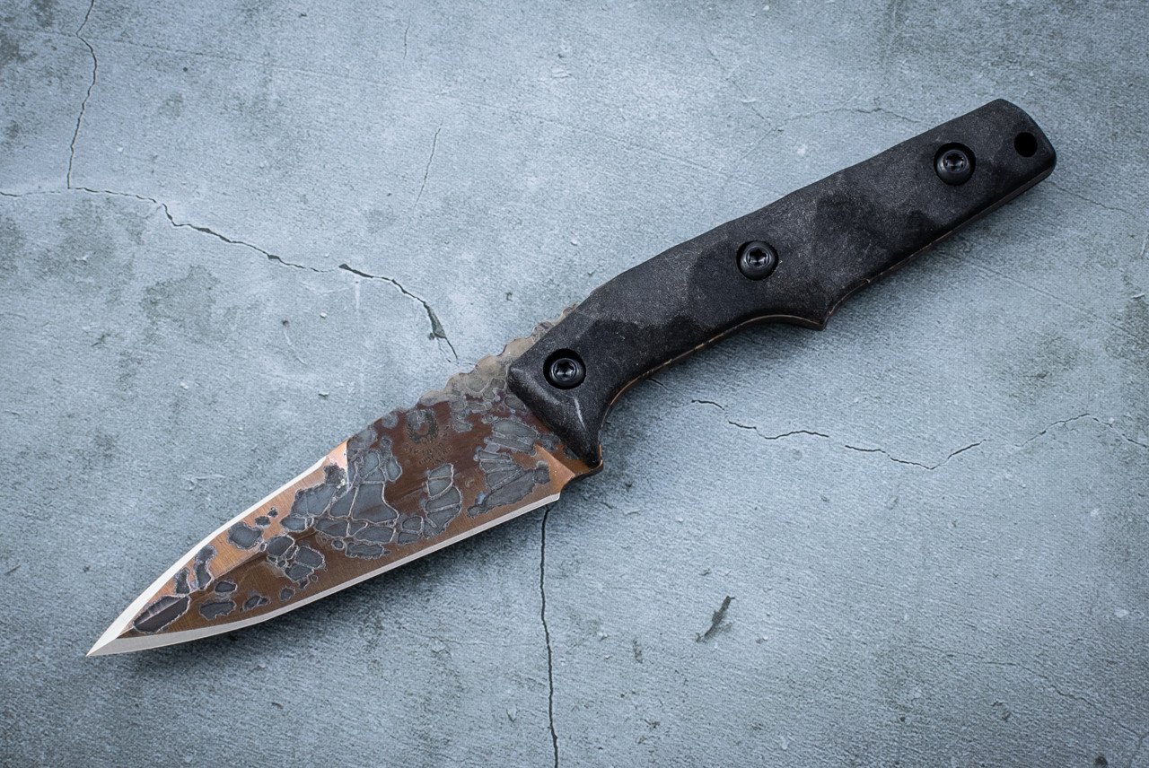 Ben Bawidamann Blades Custom Thick Huginn Dagger Acid Etched Black Smoke Spectral Patina Finish Silazane Coated Blade and Sheath