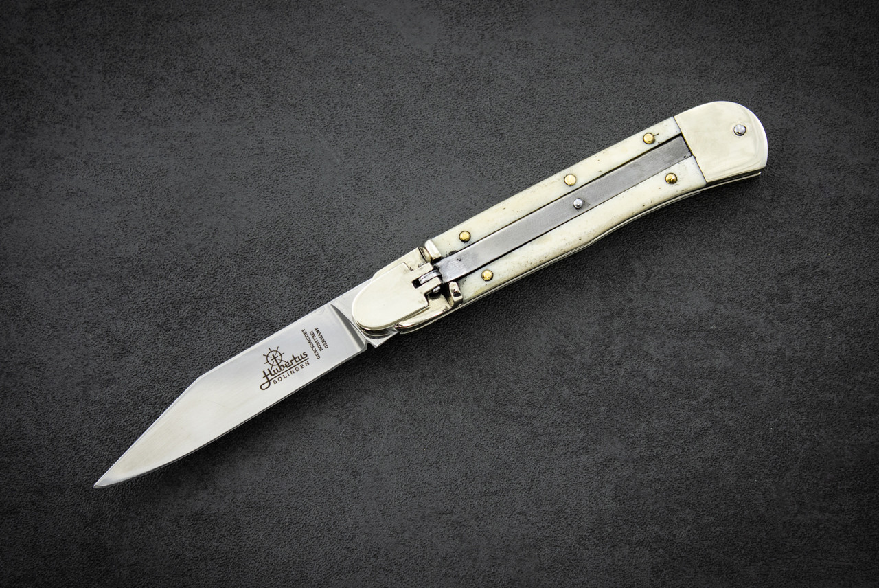 Hubertus knives Classic Medium size No. 10 Lever Lock Automatic Knife Clip Point Blade w/ White Buffalo Bone Handles - 68.110.KN.10