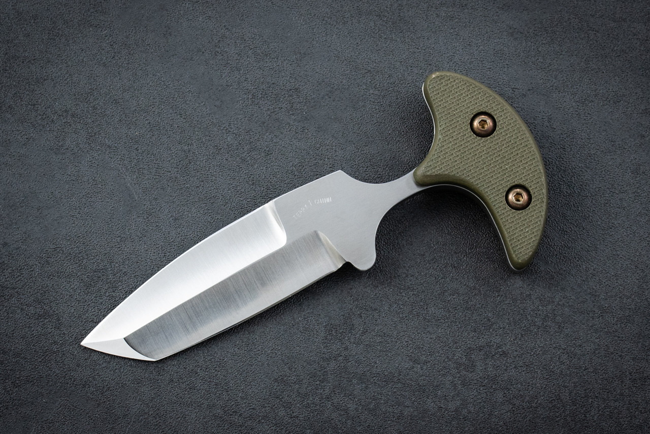 Terry Guinn Knives Custom Push Dagger Tanto Satin Finish w/ Green G-10 Handle and Leather Sheath
