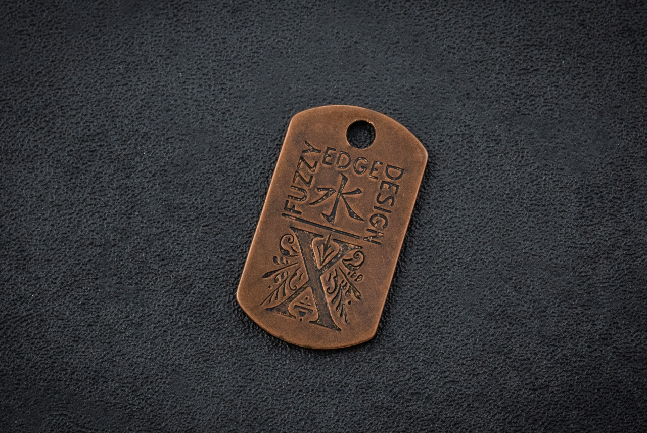 Steel Flame Fuzzy Edge Design Copper Dog Tag In Vintage Gunmetal Finish