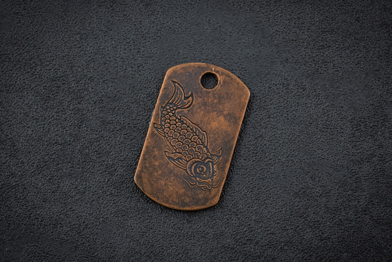 Steel Flame Koi Copper Dog Tag In Vintage Gunmetal Finish