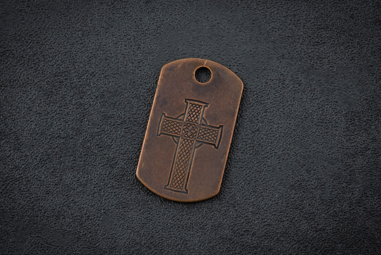 Steel Flame Celtic Cross Copper Dog Tag In Vintage Gunmetal Finish
