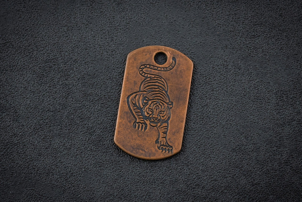 Steel Flame Tiger Copper Dog Tag In Vintage Gunmetal Finish