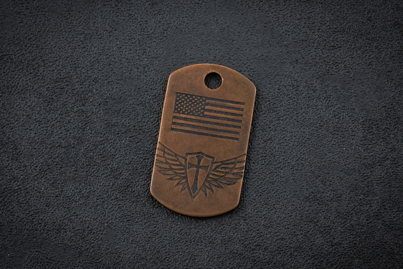 Steel Flame Compass w/ Winged Crusader Cross Copper Dog Tag In