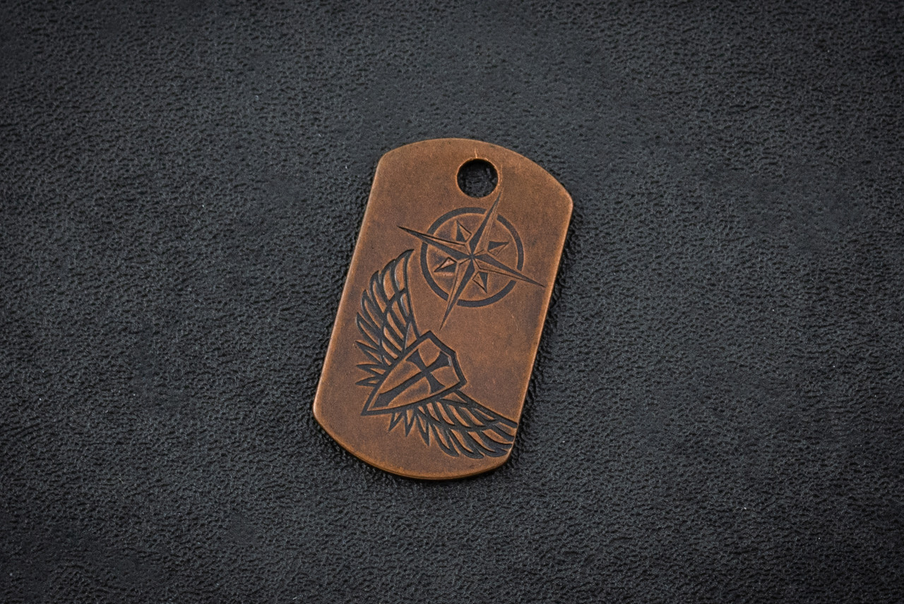Steel Flame Compass w/ Winged Crusader Cross Copper Dog Tag In Vintage Gunmetal Finish