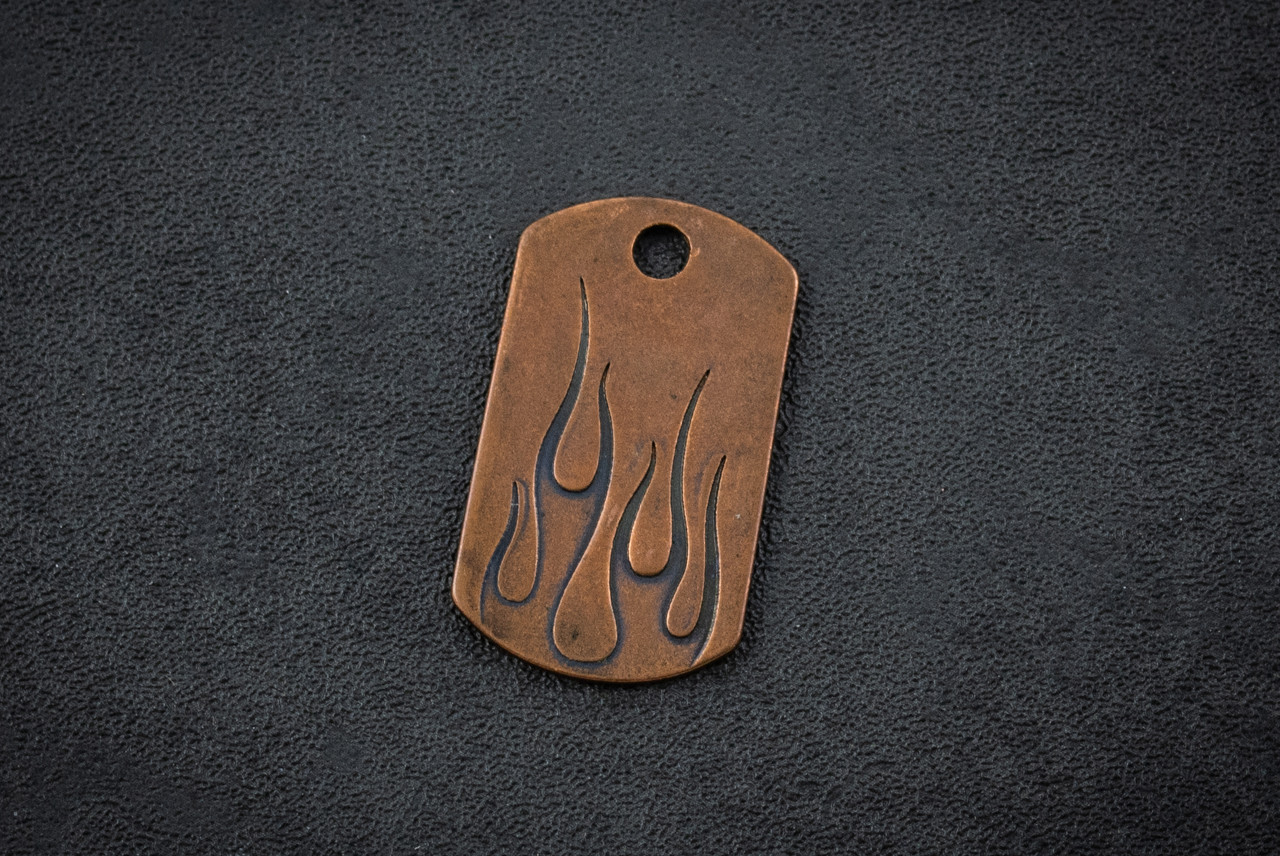 Steel Flame Flame Copper Dog Tag In Vintage Gunmetal Finish