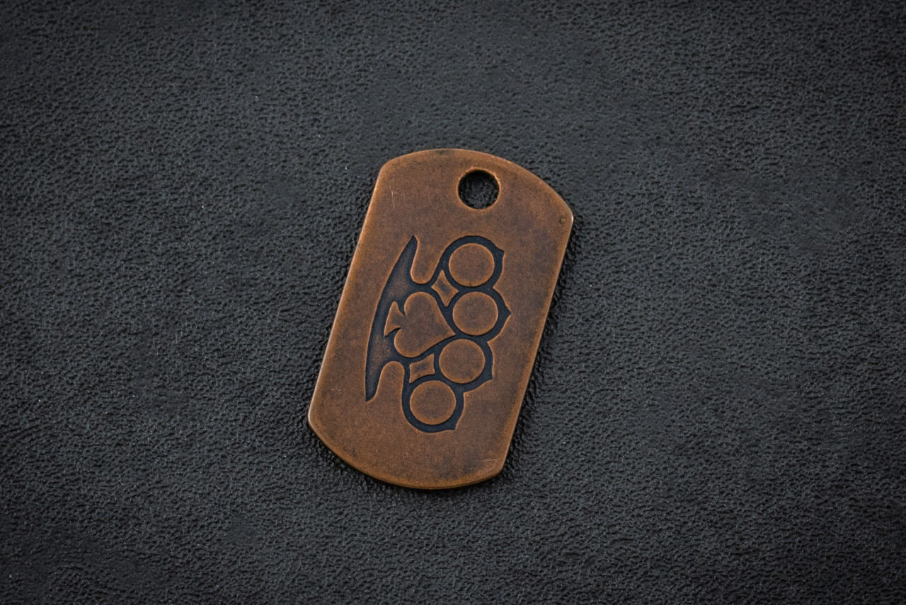 Steel Flame Knuckle Dusters Copper Dog Tag In Vintage Gunmetal Finish