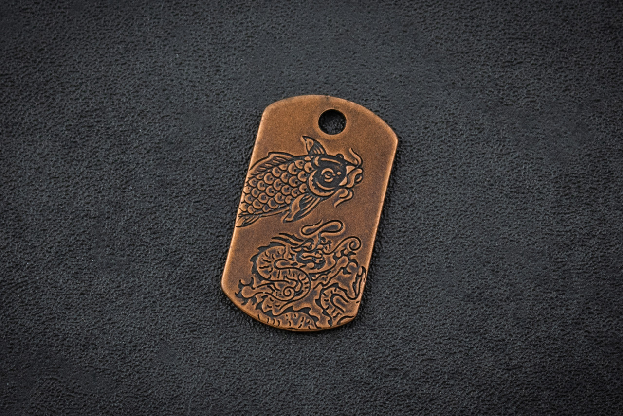 ⑮Dog Tag Dragon 真鍮 Steel Flame Japanese Kanji Characters w/ Koi Copper Dog Tag In