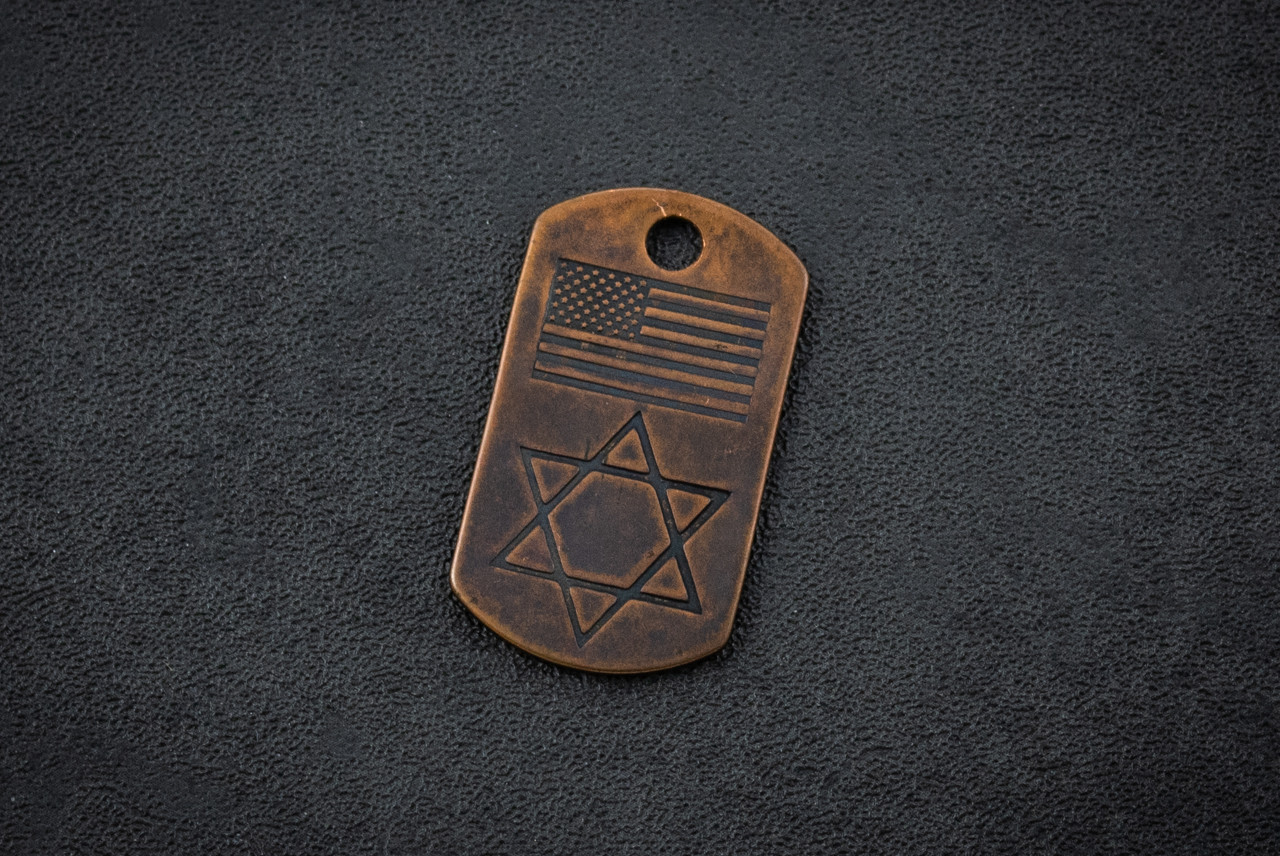 Steel Flame US Flag w/ Star of David Copper Dog Tag In Vintage Gunmetal Finish