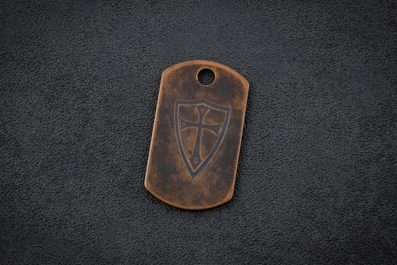 Steel Flame Crusader Cross Copper Dog Tag In Vintage Gunmetal Finish