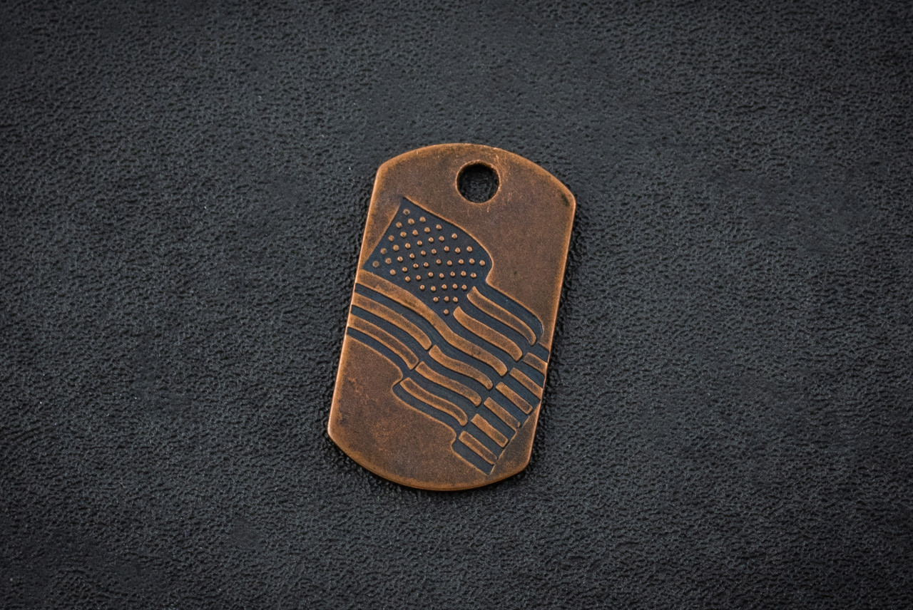 Steel Flame US Flag Copper Dog Tag In Vintage Gunmetal Finish