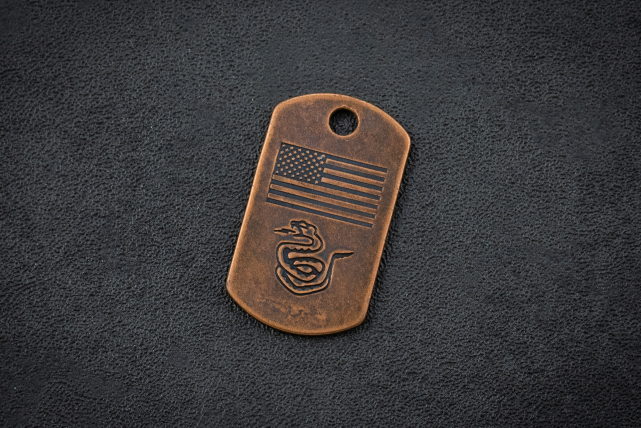 Steel Flame US Flag w/ Don't Tread On Me Snake Copper Dog Tag In Vintage Gunmetal Finish