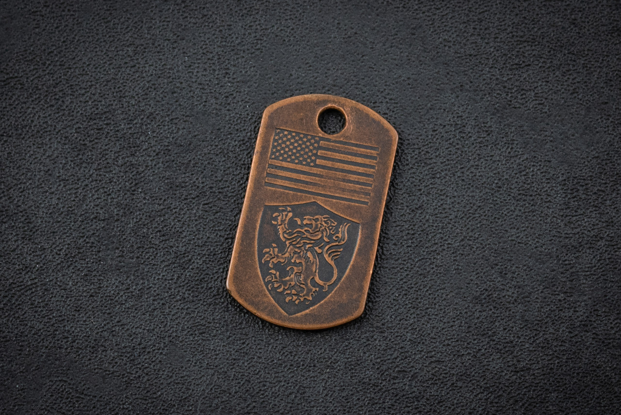 Steel Flame US Flag w/ Crusader Lion Copper Dog Tag In Vintage Gunmetal Finish