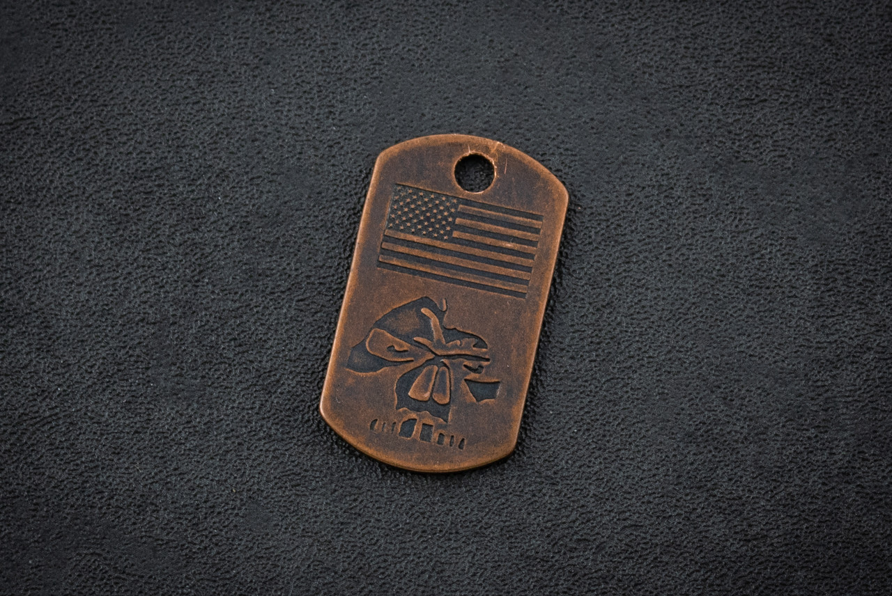 Steel Flame US Flag w/ Dervish Knives Copper Dog Tag In Vintage