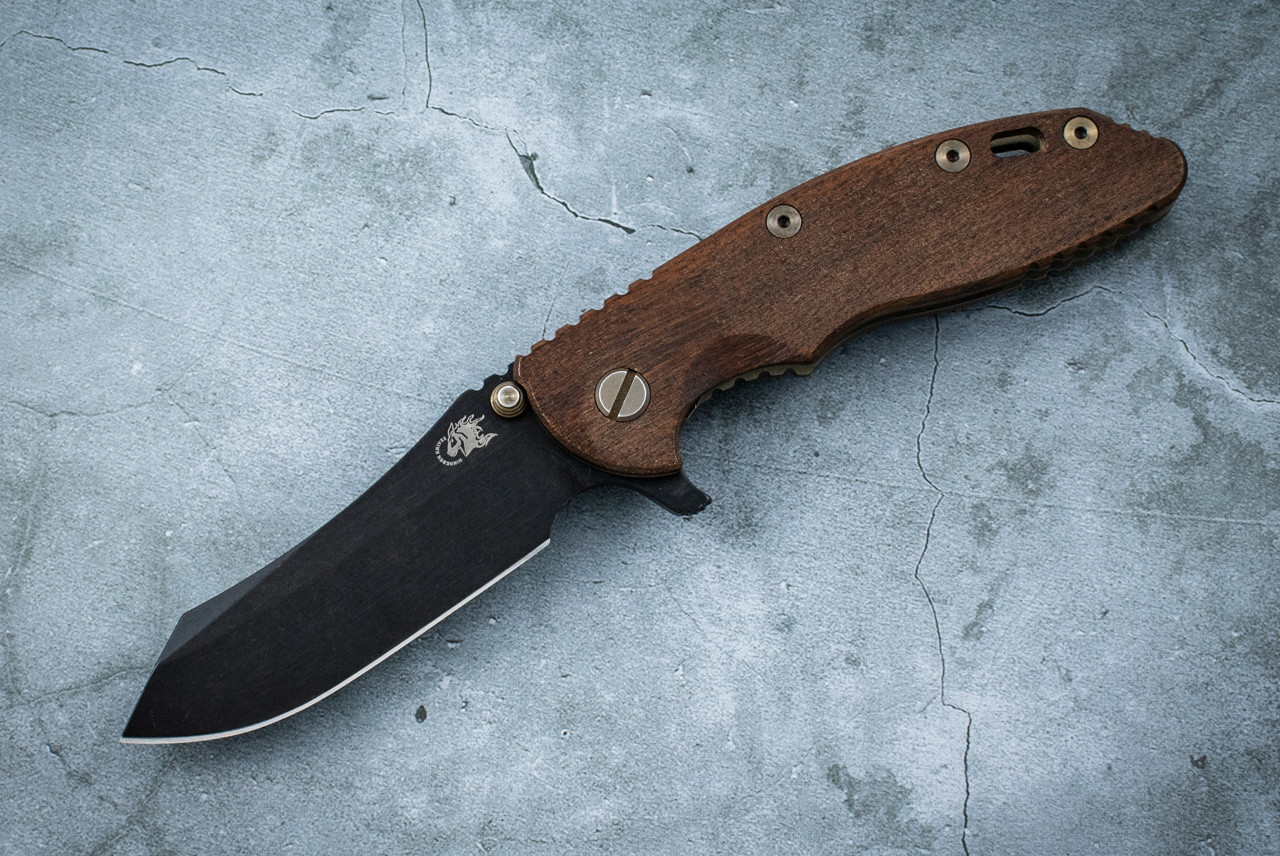 Rick Hinderer Knives XM-18 3.5" Skinner Vintage Series O1 Black Finish Blade w/ Stonewash Green Frame Lock and Smooth Walnut Handle - VTG #1492