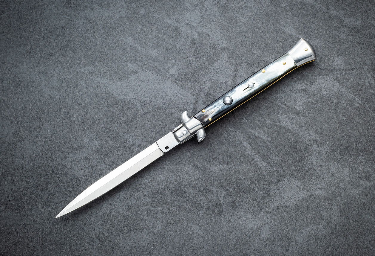 Frank Beltrame Knives 11" Italian Stiletto Automatic Dagger Knife Polished Blade w/ Brazilian Horn Handle
