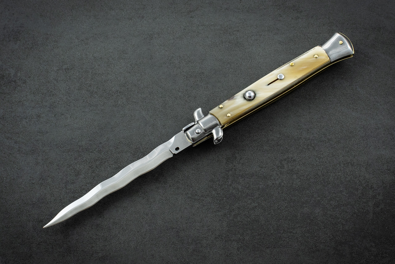 Frank Beltrame Knives 11" Italian Stiletto Automatic Kris Knife Polished Blade w/ Blonde Horn Handle
