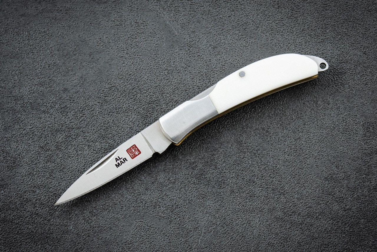 Al Mar Knives Osprey Classic Folding Gentlemen's Knife Satin Blade w/ Prototype Scales December 2005 White Linen Micarta Handle - 1001