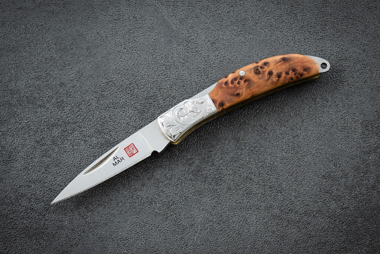 Al Mar Knives Osprey Classic Folding Gentlemen's Knife Satin Blade Engraved Bolsters w/ English Briar Handle and Leather Pouch - E1001BR