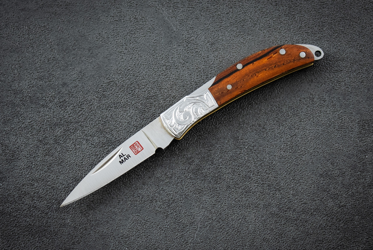 Al Mar Knives Osprey Classic Folding Gentlemen's Knife Satin Blade Engraved Bolsters w/ Cocobolo Handle and Leather Pouch - E1001C