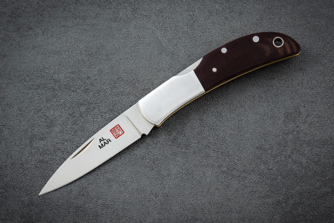 Al Mar Knives Hawk Classic Folding Knife Satin Blade w/ Prototype Scales Maroon Linen Micarta Handle - 1002