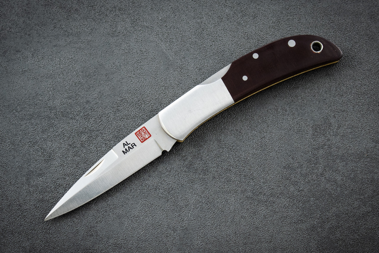 Al Mar Knives Hawk Classic Folding Knife Talon Satin Blade w/ Prototype Scales Maroon Linen Micarta Handle - 1002