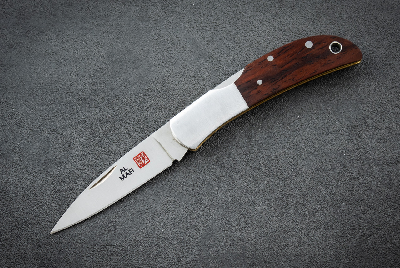 Al Mar Knives Hawk Classic Folding Knife Satin Blade w/ Cocobolo Handle & Leather Pouch - 1002C