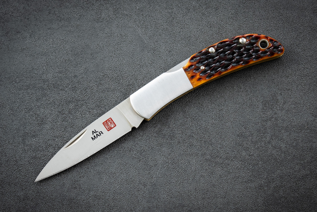 Al Mar Knives Hawk Classic Folding Knife Satin Blade w/ Honey Jigged Bone Handle - 1002HJB