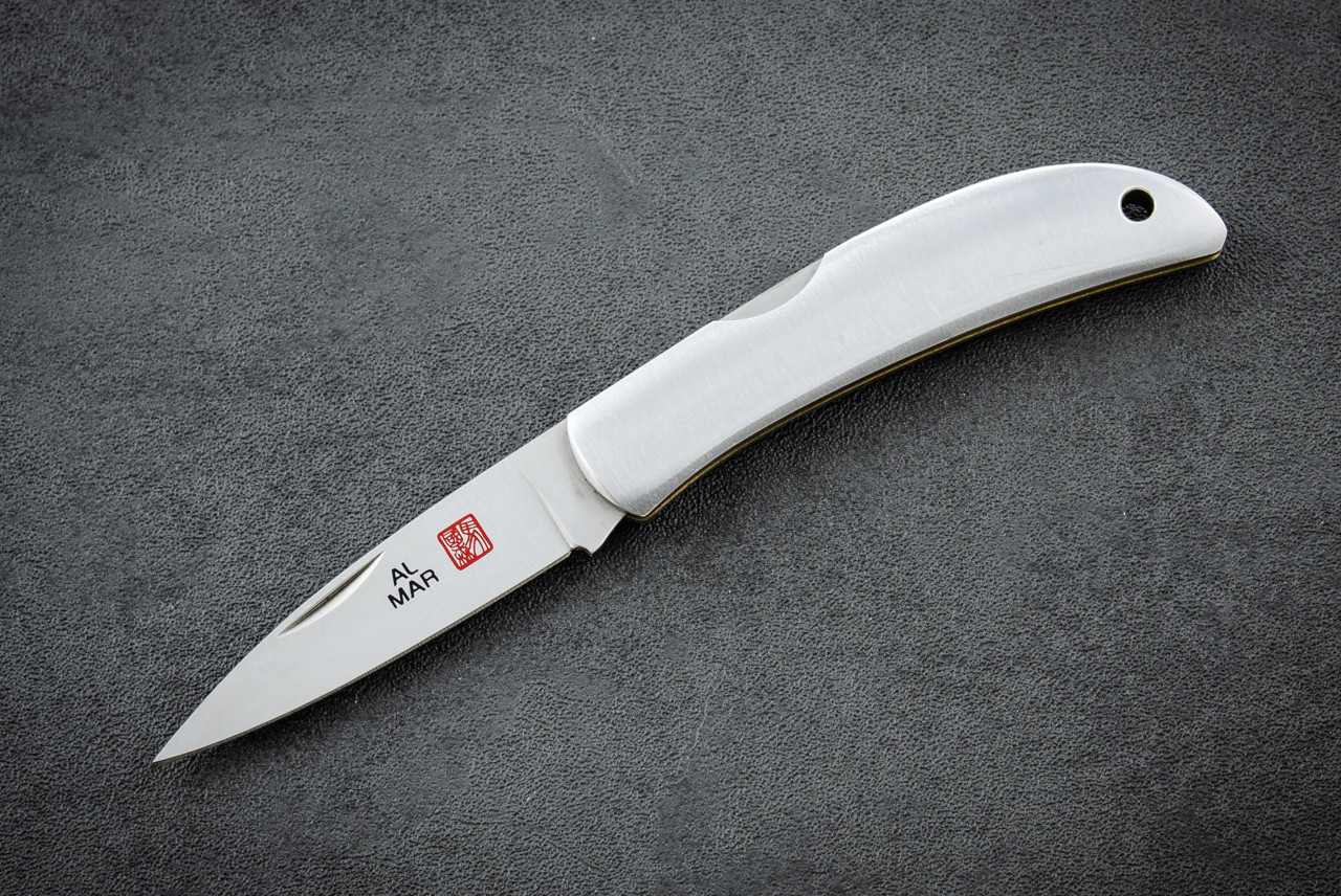 Al Mar Knives Hawk Classic Folding Knife Satin Blade w/ Stainless Steel Handle and Leather Pouch - 1002SS