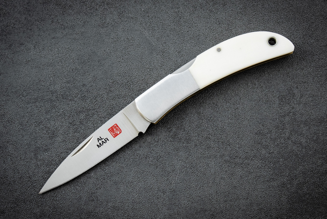Al Mar Knives Hawk Classic Folding Knife Satin Blade w/ White Linen Micarta Handle - 1002WM