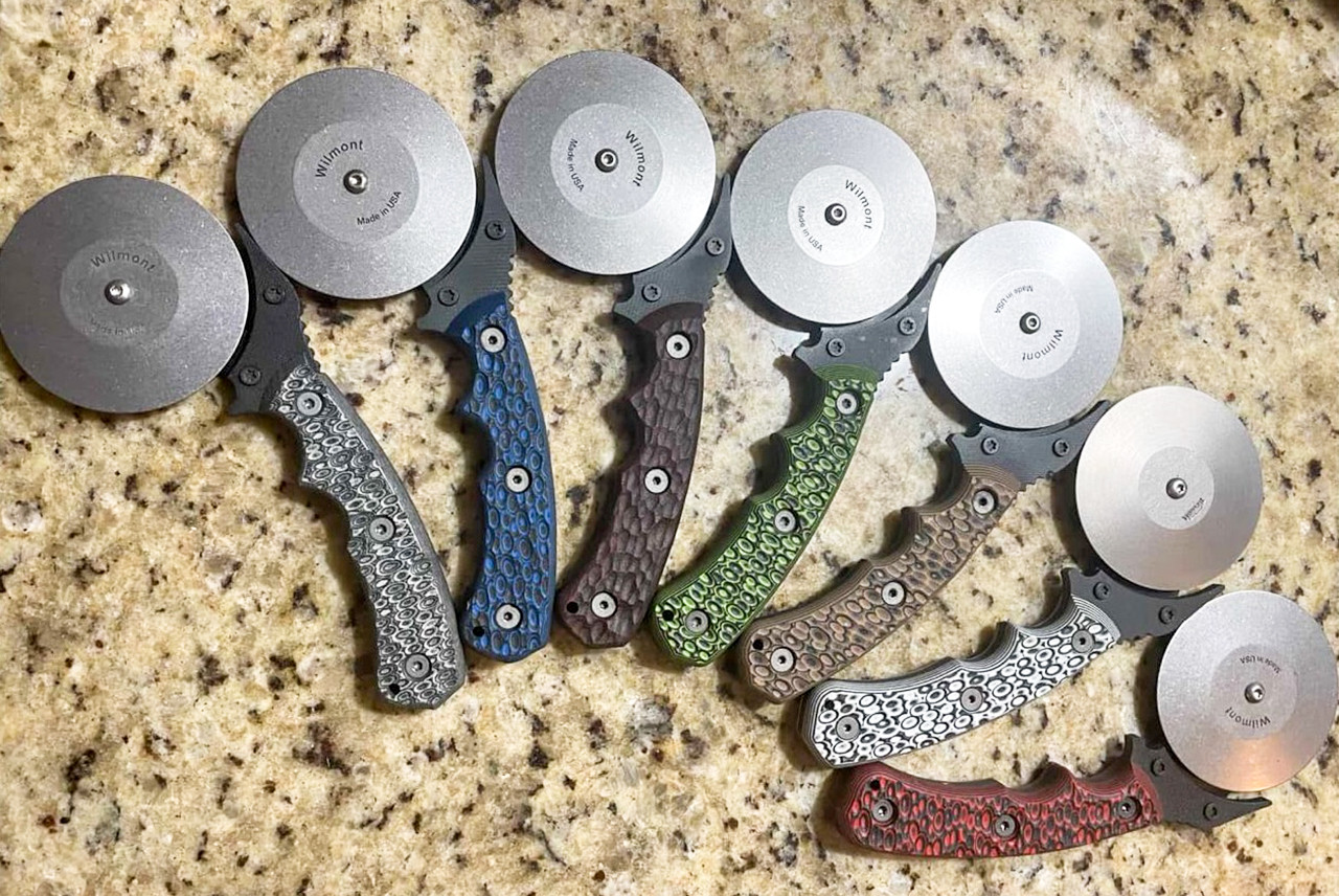 Wilmont Knives Pizza Cutter Titanium Sandblast Blade w/ Blue / Black G-10 Handle