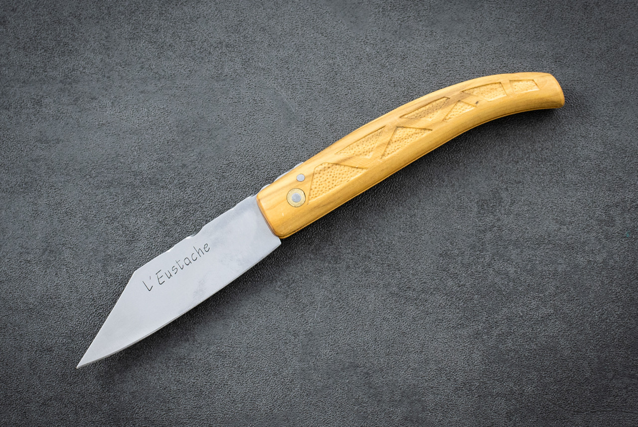  Fred Perrin Concept Custom L'Eustache Friction Folder Satin Blade w/ Engraved Natural Wood Handle