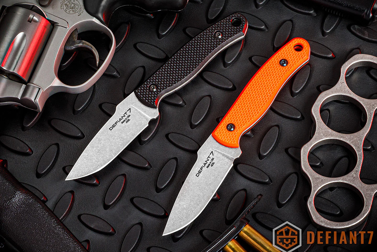 Defiant 7 Les George Ace Fixed Blade Knife Stonewashed Blade w/ Textured G-10 Handle and Sheath